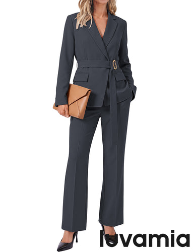 luvamia 2 Piece Sets for Women Blazer Pants Suits Business Casual Outfits Long Sleeve Belted Double Breasted Blazer, Elastic High Waisted Flared Pants, Dressy Pantsuits, Work Outfits for Women Office