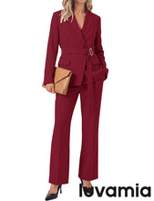 luvamia 2 Piece Sets for Women Blazer Pants Suits Business Casual Outfits Long Sleeve Belted Double Breasted Blazer, Elastic High Waisted Flared Pants, Dressy Pantsuits, Work Outfits for Women Office