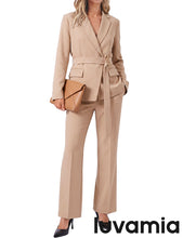 luvamia 2 Piece Sets for Women Blazer Pants Suits Business Casual Outfits Long Sleeve Belted Double Breasted Blazer, Elastic High Waisted Flared Pants, Dressy Pantsuits, Work Outfits for Women Office