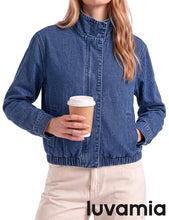 luvamia Jean Jacket Women Funnel Neck Zip Up Oversized Casual Denim Jackets Long Sleeve Short Jackets for Women, Elastic Hem Detail, Side Slant Pockets, Drop Shoulder, No Stretch, Western Fall Outfits