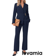 luvamia 2 Piece Sets for Women Blazer Pants Suits Business Casual Outfits Long Sleeve Belted Double Breasted Blazer, Elastic High Waisted Flared Pants, Dressy Pantsuits, Work Outfits for Women Office