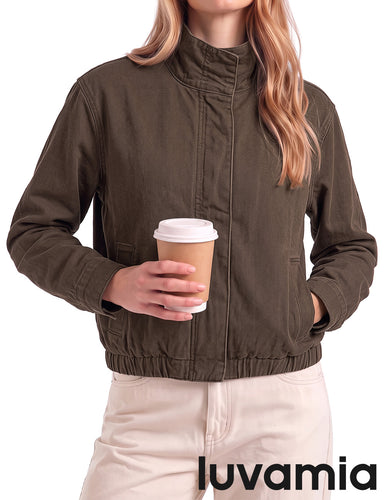 luvamia Jean Jacket Women Funnel Neck Zip Up Oversized Casual Denim Jackets Long Sleeve Short Jackets for Women, Elastic Hem Detail, Side Slant Pockets, Drop Shoulder, No Stretch, Western Fall Outfits