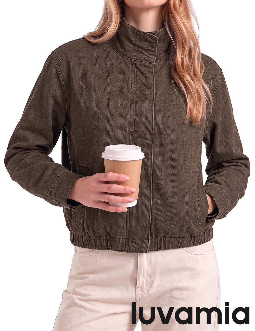luvamia Jean Jacket Women Funnel Neck Zip Up Oversized Casual Denim Jackets Long Sleeve Short Jackets for Women, Elastic Hem Detail, Side Slant Pockets, Drop Shoulder, No Stretch, Western Fall Outfits