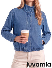 luvamia Jean Jacket Women Funnel Neck Zip Up Oversized Casual Denim Jackets Long Sleeve Short Jackets for Women, Elastic Hem Detail, Side Slant Pockets, Drop Shoulder, No Stretch, Western Fall Outfits