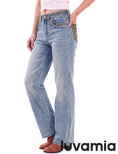 luvamia FleXcLusive Wide Leg Jeans for Women High Waisted Leopard Patchwork Denim Pants Stretchy, Baggy Straight Leg, 29.5" Inseam, Leopard Trimmed Waist & Front Pockets, Cheetah Print Back Pockets, Western Outfit
