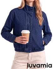 luvamia Jean Jacket Women Funnel Neck Zip Up Oversized Casual Denim Jackets Long Sleeve Short Jackets for Women, Elastic Hem Detail, Side Slant Pockets, Drop Shoulder, No Stretch, Western Fall Outfits