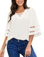 luvamia Women Casual Strappy V Neck Blouse 3/4 Bell Sleeve Mesh Panel Shirts Top