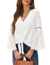 luvamia Women's Casual V Neck Blouse Lace Crochet Bell Long Sleeve Loose Shirt Tops