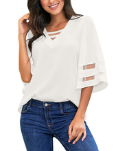 luvamia Women Casual Strappy V Neck Blouse 3/4 Bell Sleeve Mesh Panel Shirts Top