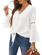 luvamia Women's Casual V Neck Blouse Lace Crochet Bell Long Sleeve Loose Shirt Tops