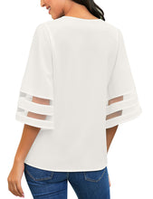 luvamia Women Casual Strappy V Neck Blouse 3/4 Bell Sleeve Mesh Panel Shirts Top