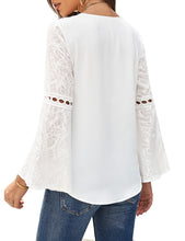 luvamia Women's Casual V Neck Blouse Lace Crochet Bell Long Sleeve Loose Shirt Tops