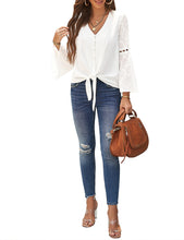 luvamia Women's Casual V Neck Blouse Lace Crochet Bell Long Sleeve Loose Shirt Tops