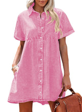 luvamia Women's Casual Short Sleeve Button Down Tiered Denim Babydoll Jean Dress