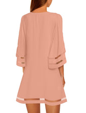 luvamia Women Dresses Casual Crewneck 3/4 Bell Sleeve Loose Mesh Panel Tunic Dress