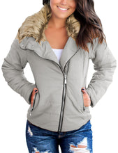 luvamia Women Casual Warm Winter Faux Fur Quilted Parka Lapel Zip Jacket Puffer Coat