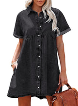 luvamia Women's Casual Short Sleeve Button Down Tiered Denim Babydoll Jean Dress