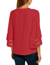 luvamia Women Casual Strappy V Neck Blouse 3/4 Bell Sleeve Mesh Panel Shirts Top