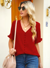 luvamia Women's Casual V Neck Tops Ruffle Short Sleeve Blouses Button Down Shirts