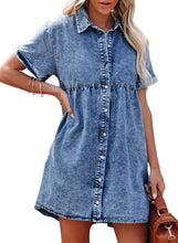 luvamia Women's Casual Short Sleeve Button Down Tiered Denim Babydoll Jean Dress