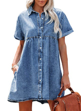 luvamia Women's Casual Short Sleeve Button Down Tiered Denim Babydoll Jean Dress