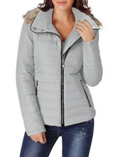 luvamia Women Casual Warm Winter Faux Fur Quilted Parka Lapel Zip Jacket Puffer Coat
