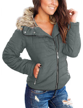 luvamia Women Casual Warm Winter Faux Fur Quilted Parka Lapel Zip Jacket Puffer Coat