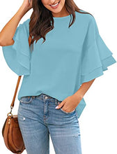 luvamia Women's Casual Crewneck Blouse 3/4 Tiered Bell Sleeve Loose Tops Shirt