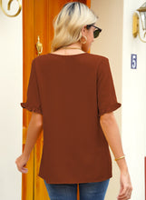 luvamia Women's Casual V Neck Tops Ruffle Short Sleeve Blouses Button Down Shirts