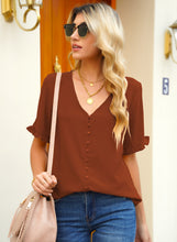 luvamia Women's Casual V Neck Tops Ruffle Short Sleeve Blouses Button Down Shirts