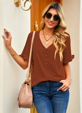 luvamia Women's Casual V Neck Tops Ruffle Short Sleeve Blouses Button Down Shirts