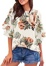 luvamia Women's Casual Crewneck Blouse 3/4 Tiered Bell Sleeve Loose Tops Shirt