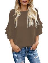 luvamia Women's Casual 3/4 Tiered Bell Sleeve Crewneck Loose Tops Blouses Shirt