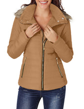 luvamia Women Casual Warm Winter Faux Fur Quilted Parka Lapel Zip Jacket Puffer Coat