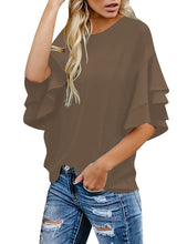 luvamia Women's Casual 3/4 Tiered Bell Sleeve Crewneck Loose Tops Blouses Shirt