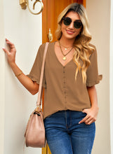 luvamia Women's Casual V Neck Tops Ruffle Short Sleeve Blouses Button Down Shirts