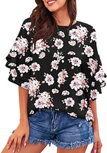 luvamia Women's Casual Crewneck Blouse 3/4 Tiered Bell Sleeve Loose Tops Shirt