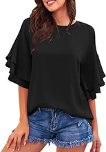luvamia Women's Casual Crewneck Blouse 3/4 Tiered Bell Sleeve Loose Tops Shirt