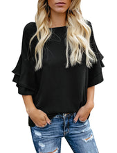 luvamia Women's Casual 3/4 Tiered Bell Sleeve Crewneck Loose Tops Blouses Shirt