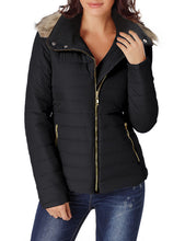 luvamia Women Casual Warm Winter Faux Fur Quilted Parka Lapel Zip Jacket Puffer Coat