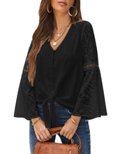luvamia Women's Casual V Neck Blouse Lace Crochet Bell Long Sleeve Loose Shirt Tops