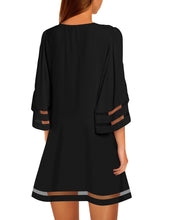 luvamia Women Dresses Casual Crewneck 3/4 Bell Sleeve Loose Mesh Panel Tunic Dress