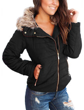 luvamia Women Casual Warm Winter Faux Fur Quilted Parka Lapel Zip Jacket Puffer Coat