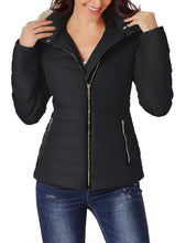 luvamia Women Casual Warm Winter Faux Fur Quilted Parka Lapel Zip Jacket Puffer Coat