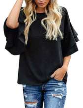 luvamia Women's Casual 3/4 Tiered Bell Sleeve Crewneck Loose Tops Blouses Shirt
