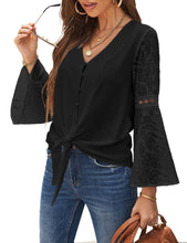 luvamia Women's Casual V Neck Blouse Lace Crochet Bell Long Sleeve Loose Shirt Tops