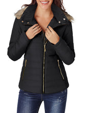 luvamia Women Casual Warm Winter Faux Fur Quilted Parka Lapel Zip Jacket Puffer Coat