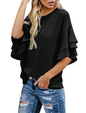 luvamia Women's Casual 3/4 Tiered Bell Sleeve Crewneck Loose Tops Blouses Shirt