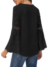 luvamia Women's Casual V Neck Blouse Lace Crochet Bell Long Sleeve Loose Shirt Tops