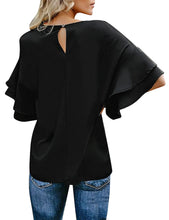 luvamia Women's Casual 3/4 Tiered Bell Sleeve Crewneck Loose Tops Blouses Shirt